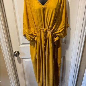 Mustard Yellow Flowing Midi Dress – Adjustable Waist